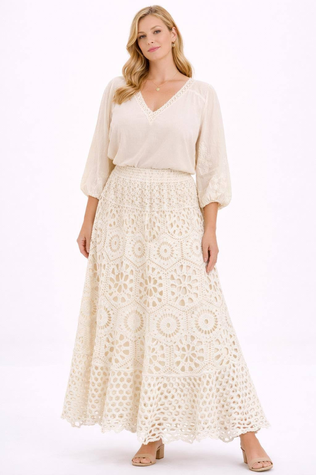 Rok Crocha beige crochet maxi rok