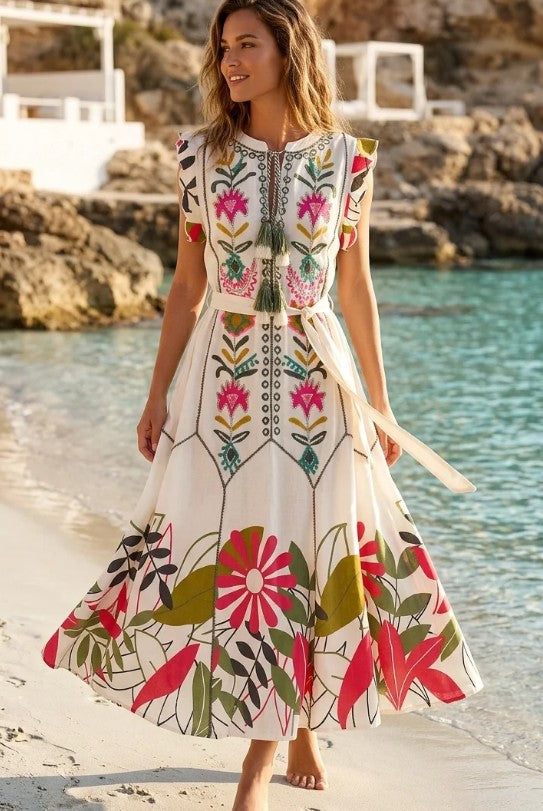 ibBan Cotton Maxi Dress Round Neck Barika