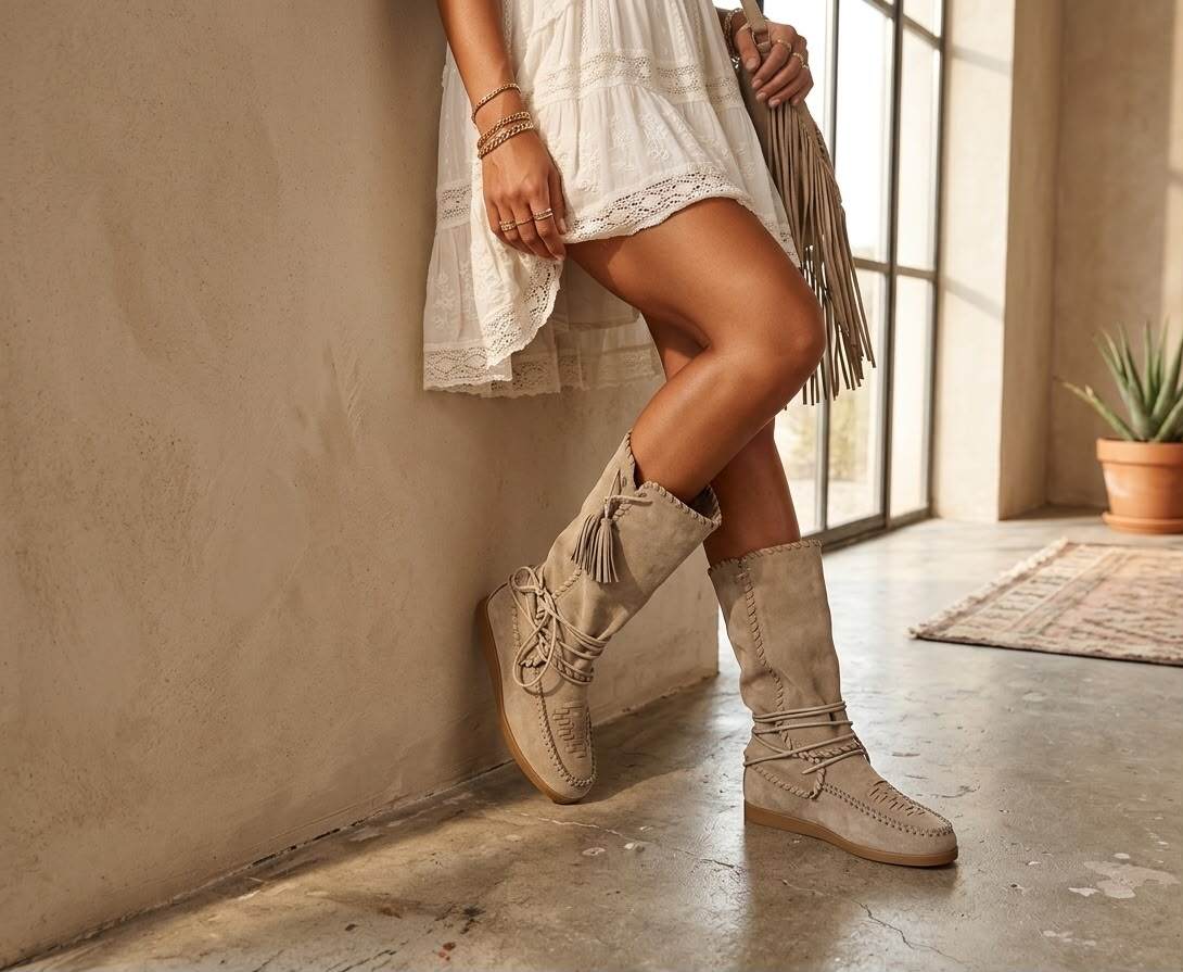 Nomad Boot Beige - zijaanzicht met witte jurk