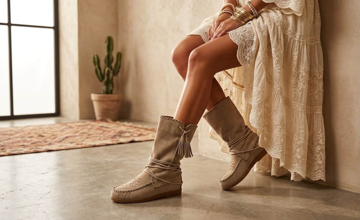 Nomad Boot Beige - zittend met bohemian jurk
