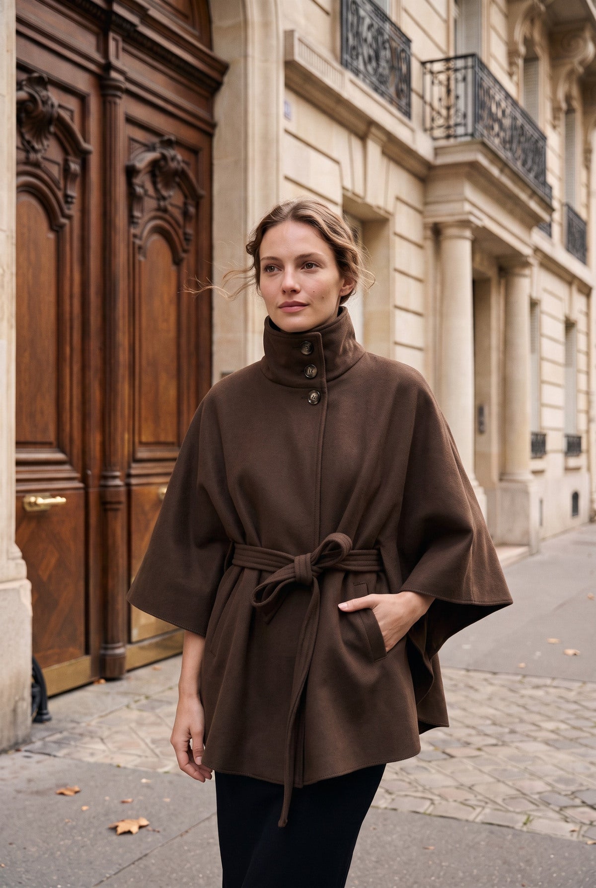 Bruine wintercape met riem, voorkant