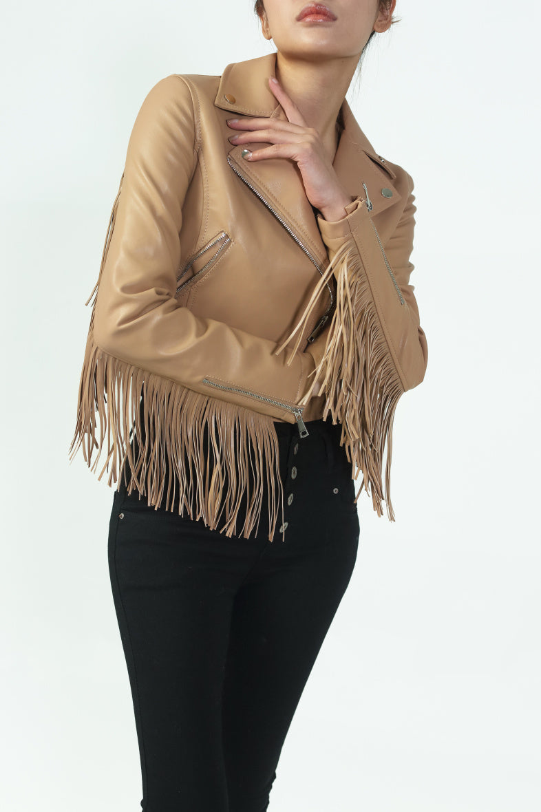 Fringe Jacket Camel - vooraanzicht met franjes